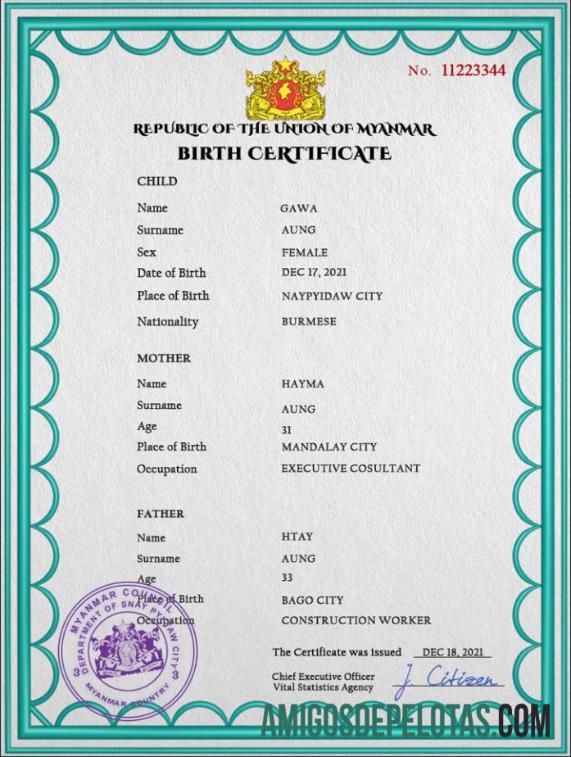 Realista modelo PSD de certidão de nascimento de registro vital de Mianmar